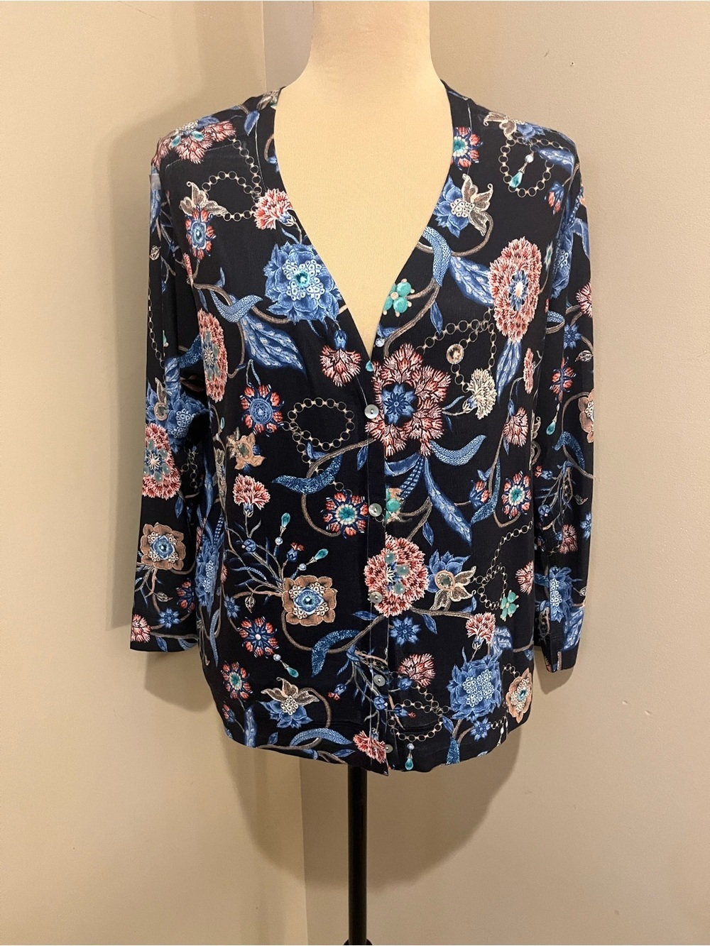 Nally & Millie Floral V-Neck  Fine Gauge Cardigan Navy Blue, size Med